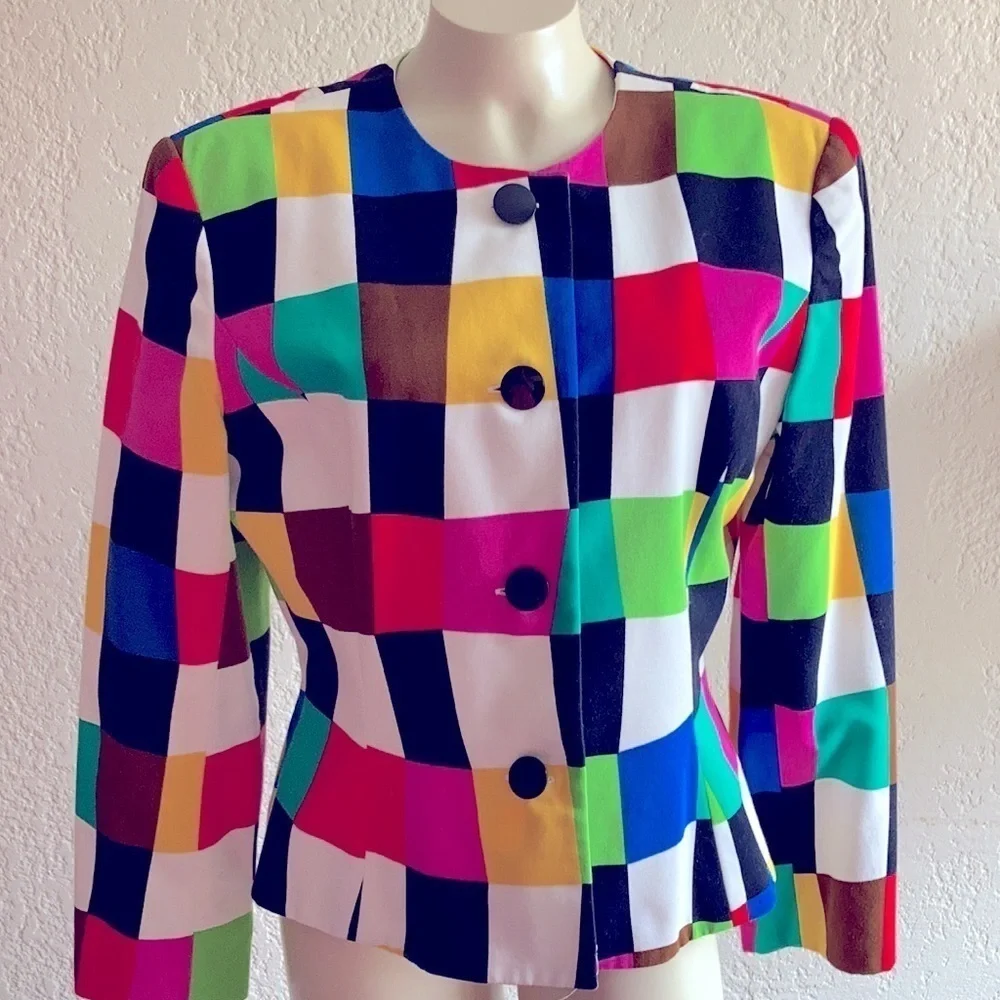 𝅺NIPON BOUTIQUE VTG color block 100% cotton blazer Sz 14